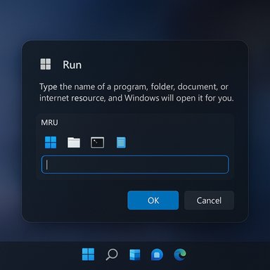 Windows Run dialog box showing MRU icons, input field, and OK/Cancel buttons.