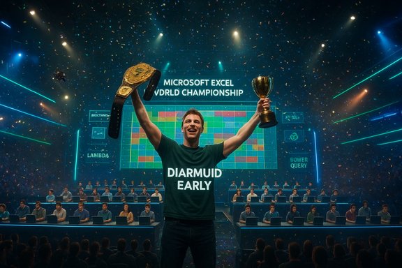 Champion raises belt and trophy amid confetti at the Microsoft Excel World Championship.