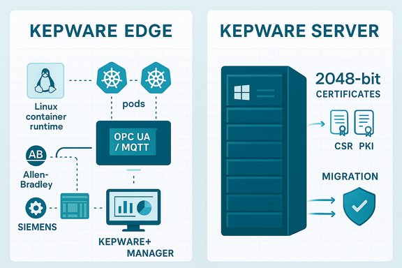 KEPWARE Edge uses Linux containers and pods; KEPWARE Server handles 2048-bit certs and PKI migration.