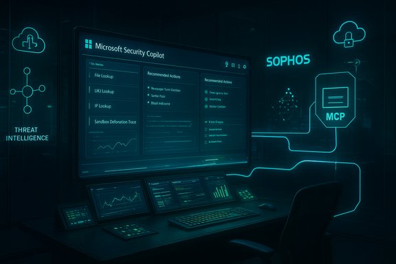 Futuristic security command desk with Microsoft Security Copilot dashboard and neon-blue HUD.