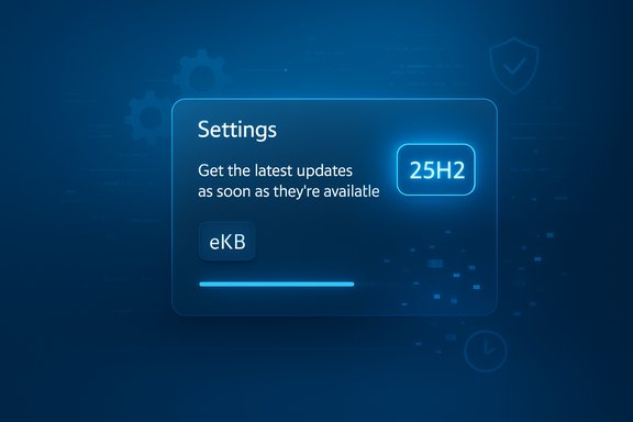 Neon blue settings panel highlighting latest updates with a 25H2 badge and a progress bar.