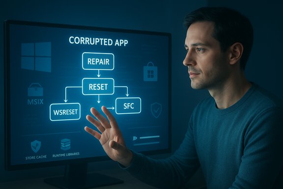 A man analyzes a neon-blue flowchart for repairing a corrupted app. A man analyzes a neon-blue flowchart for repairing a corrupted app.