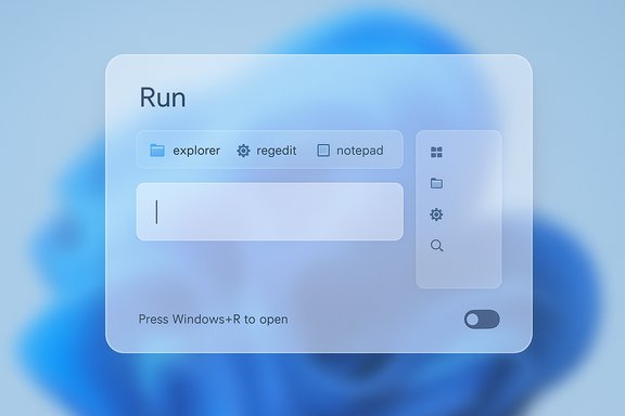 Blue frosted Windows Run dialog with shortcuts on a blurred background.