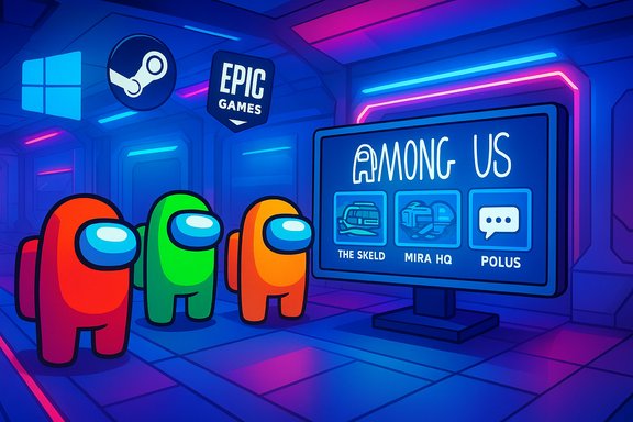 Neon-lit sci-fi hub with colorful Among Us crewmates viewing a map menu.