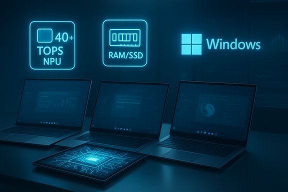 Laptops sit on a table under neon blue Windows branding and hardware icons (RAM/SSD, NPU).