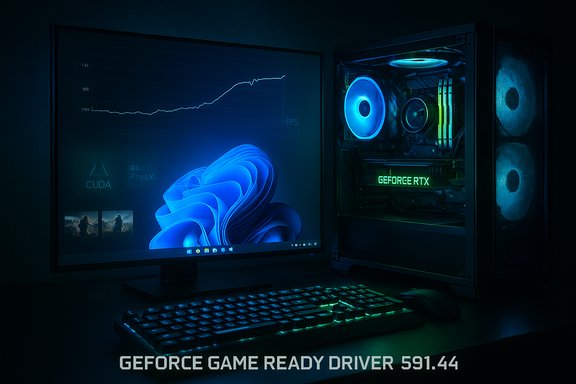 Gaming PC with GeForce RTX, neon RGB lighting, and a monitor displaying performance graphs.