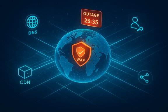 Blue globe with an orange WAF shield, connected to DNS/CDN icons and an outage timer.