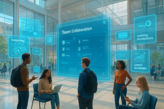 Students collaborate around glowing holographic screens labeled “Team Collaboration” in a modern campus atrium.