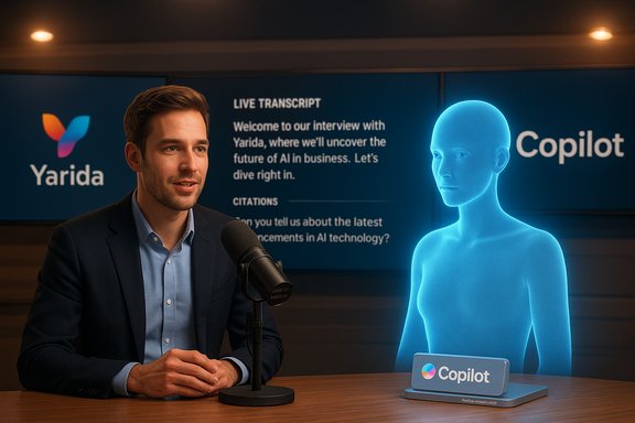 A man in a suit interviews a blue holographic AI figure named Copilot during a podcast.