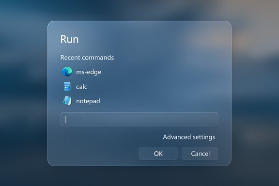 Translucent Run dialog showing recent commands (ms-edge, calc, notepad) with OK/Cancel. Translucent Run dialog showing recent commands (ms-edge, calc, notepad) with OK/Cancel.