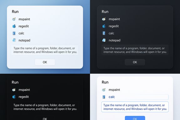 Four Run dialog boxes in light and dark themes listing mspaint, regedit, calc, and notepad. Four Run dialog boxes in light and dark themes listing mspaint, regedit, calc, and notepad.