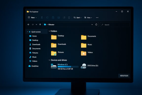 Dark-themed Windows File Explorer showing common folders and drives on a blue-lit monitor.