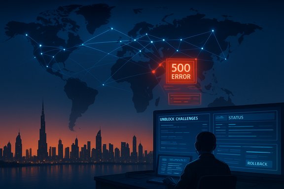 Cybersecurity analyst monitors a global network as a 500 error blocks access.