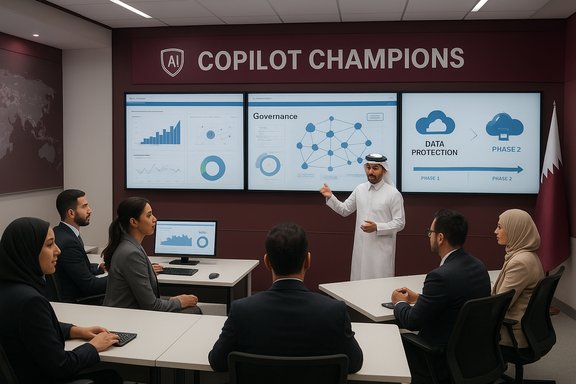 A presenter in traditional Arab attire leads a data governance briefing in the Copilot Champions room.
