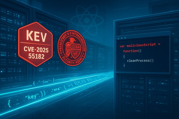 Data center scene featuring a KEV CVE-2025 badge, a security seal, and code for a malicious script.