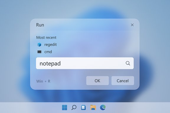 Windows Run dialog open with 'notepad' typed in the search box.