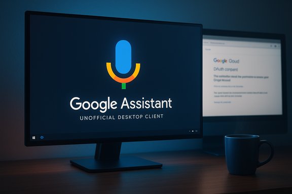 A monitor shows the Google Assistant logo with 'Unofficial Desktop Client' text on a dark desk.