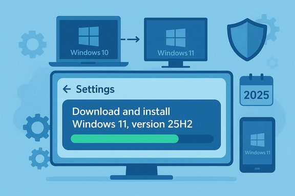 Blue illustration of Windows 10 upgrading to Windows 11 (version 25H2) with a progress bar.