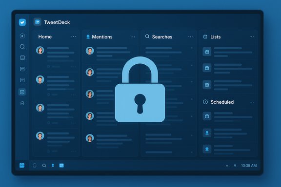 TweetDeck dashboard on a blue screen with a large padlock indicating security.