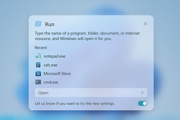 Windows Run dialog on a blue gradient background showing recent items: notepad.exe, calc.exe, Microsoft Store, and cmd.exe.