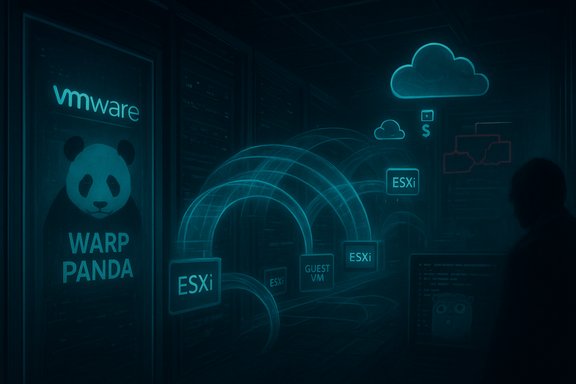 Dark data center bathed in glowing blue VMware signage and VM icons connected by neon arches.