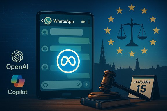 EU AI regulation scene: WhatsApp chat on a phone, OpenAI and Copilot logos, scales of justice, gavel, and January 15.