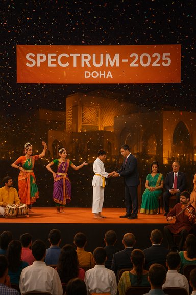 Spectrum-2025 Doha: stage ceremony with traditional dancers, a handshake, and confetti.