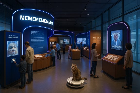 Museum exhibit with blue neon walls and visitors, a cat sits on a robotic platform at center. Museum exhibit with blue neon walls and visitors, a cat sits on a robotic platform at center.