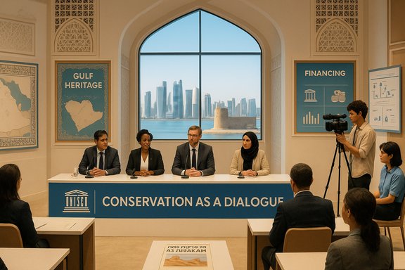 UNESCO panel on “Conservation as a Dialogue” with four speakers and a camera crew.