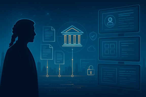 Silhouette observes a digital legal interface with documents, screens, and a courthouse symbol.