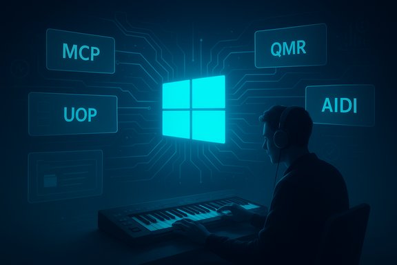 A person wearing headphones plays a keyboard before a glowing Windows-inspired digital interface.