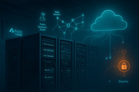 Azure Local data center with server racks and a glowing cloud network diagram.