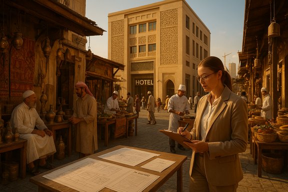 Golden-hour market street: a suited woman writes on a clipboard as locals trade in traditional stalls.