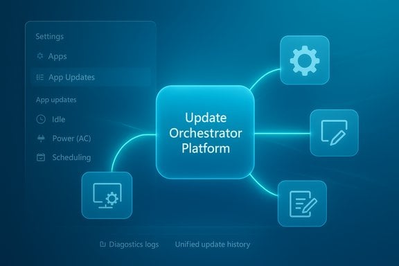 Blue diagram showing an Update Orchestrator Platform connected to settings, editing, and diagnostics icons.