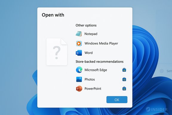 Open with dialog listing apps like Notepad, Windows Media Player, Word, Edge, Photos, and PowerPoint on Windows.