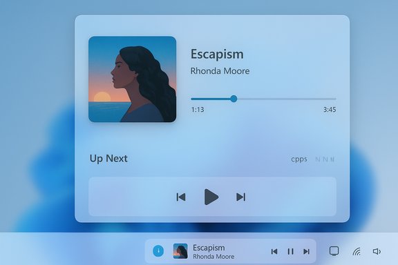 Blue-tinted music player UI displaying 'Escapism' by Rhonda Moore with album art, progress bar, and playback controls.