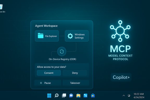 A futuristic agent workspace UI showing File Explorer, Windows Settings, and the MCP protocol.