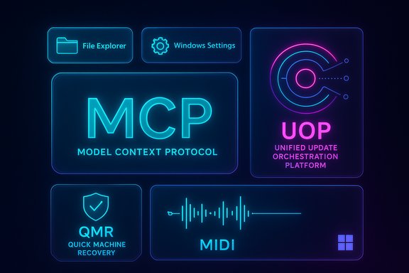 A neon, tile-based dashboard showing MCP, UOP, QMR, MIDI, File Explorer, and Windows Settings.