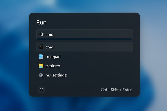 Windows Run dialog in a dark panel, showing cmd and other apps like notepad and Explorer.