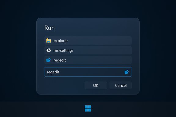 Dark Windows Run dialog showing explorer, ms-settings, regedit, and an input field.