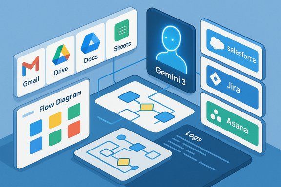 Isometric dashboard of cloud apps and workflows, centered on Gemini 3.