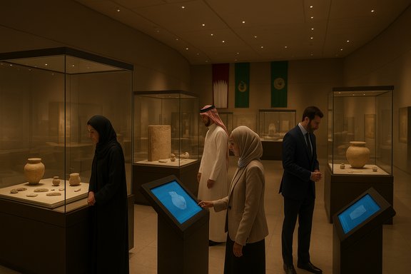 Museum visitors in traditional dress examine ancient pottery in glass-display cases.
