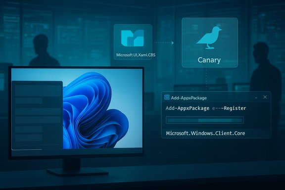 Blue-lit desk setup with a monitor and holographic Windows development UI icons and install progress.