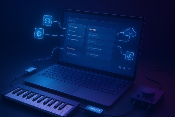 Futuristic laptop with neon blue UI showing settings, linked to cloud and a connected synth keyboard.