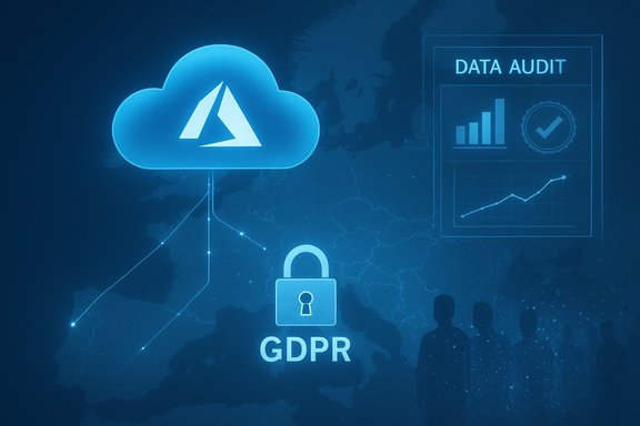 Blue data security scene with cloud, GDPR lock, data audit panel, and network lines.