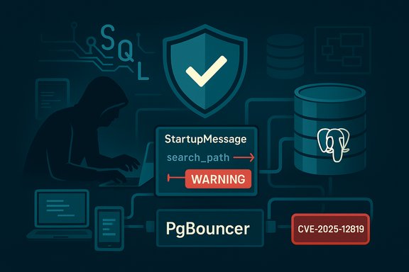 Hacker at a laptop amid security icons, warning about CVE-2025-12819 in PostgreSQL/PgBouncer.