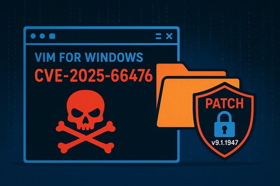 Windows-style window warning about CVE-2025-66476, with a red skull and a patch shield.