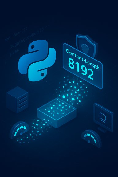 Blue isometric tech art showing Python logo and content-length 8192 data transfer.
