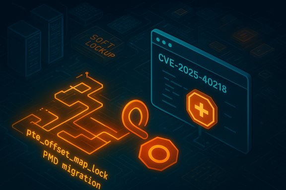 Neon illustration of a CVE-2025-40218 vulnerability with a PMD migration diagram.