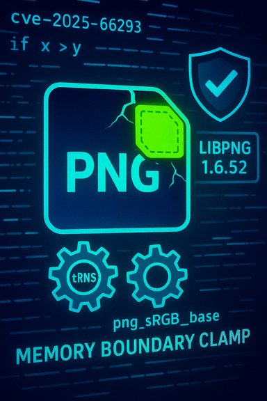 Futuristic PNG vulnerability infographic with a cracked file corner and LibPNG memory boundary clamp.